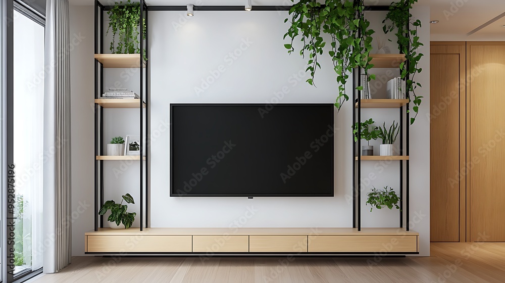 Minimalist living room interior with a TV unit, wooden shelves and potted plants. Minimalist living room interior with a TV unit, wooden shelves and potted plants.