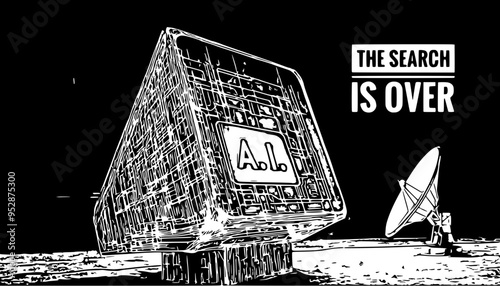 A futuristic concept illustrating the discovery of artificial intelligence as a new form of intelligence, surpassing the search for extraterrestrial life, symbolized by a SETI antenna.