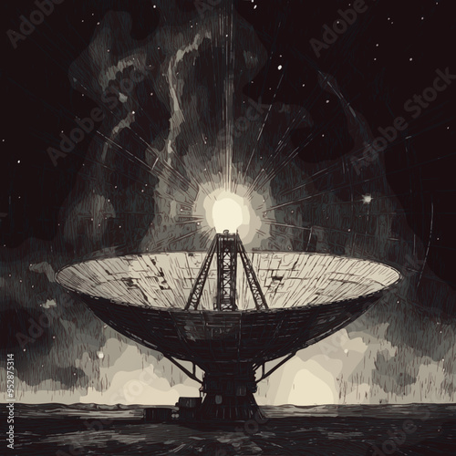 A detailed vector illustration of a SETI antenna scanning the cosmos for signals, ideal for astronomy, space exploration themes, and science communication projects.