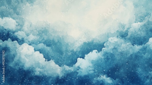 Clouds and sky watercolor hand drawn illustration. Abstract blue snowflakes winter watercolour background. Sky pattern with snow. Light blue watercolour paper texture background.