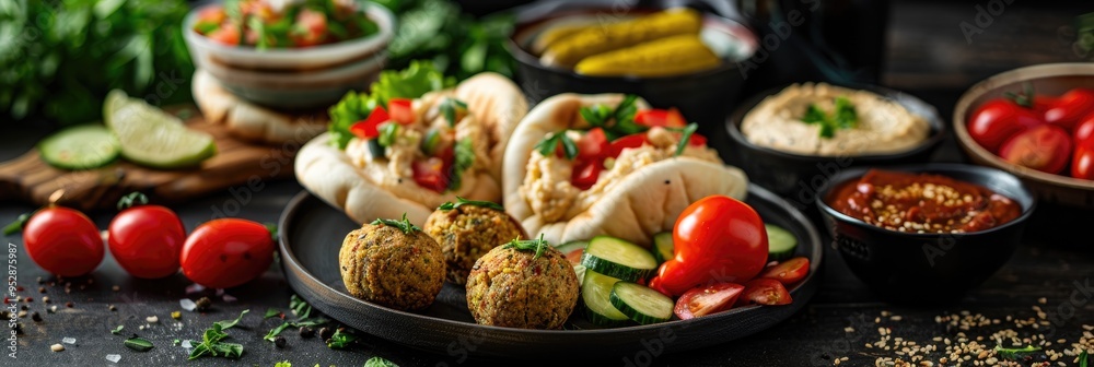 Food styling showcasing ultra-realistic mini pitas stuffed with falafel, hummus, and pickles in a dynamic and appealing arrangement. Food styling showcasing ultra-realistic mini pitas stuffed with falafel, hummus, and pickles in a dynamic and appealing arrangement.