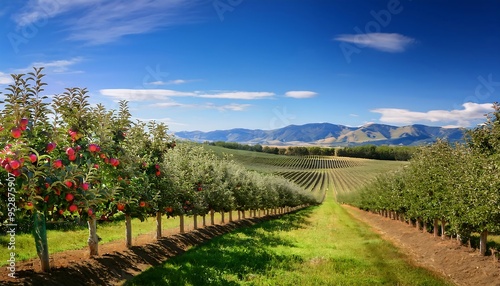 Apple Orchard Vista - a scenic agricultural landscape with a lush apple orchard in the foreground. Graphic artwork illustration. hyper realistic