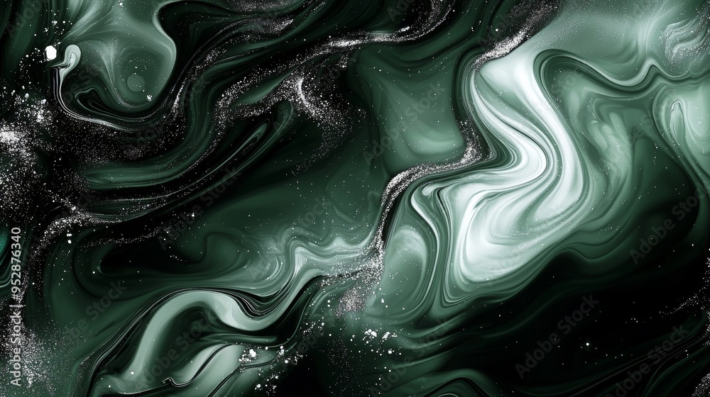 Captivating abstract painting with fluid art technique, silver glitter adds elegance. Flowing waves, swirling patterns create modern, colorful design. Green-silver tones give dynamic, creative feel Captivating abstract painting with fluid art technique, silver glitter adds elegance. Flowing waves, swirling patterns create modern, colorful design. Green-silver tones give dynamic, creative feel
