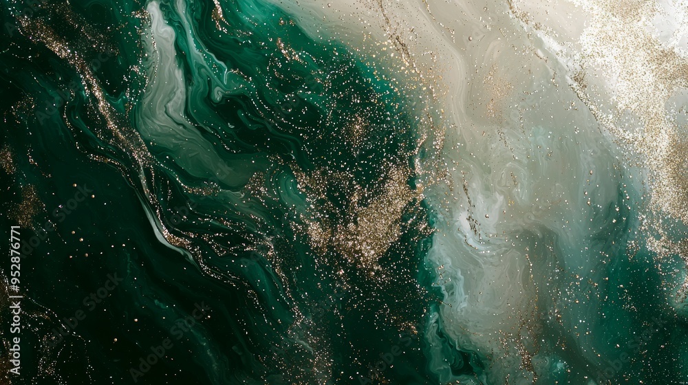 Fototapeta premium Luxurious green and gold fluid art painting with glitter, swirls, and patterns, perfect for stylish celebrations. Trendy and eye-catching background for cards, banners, and posters