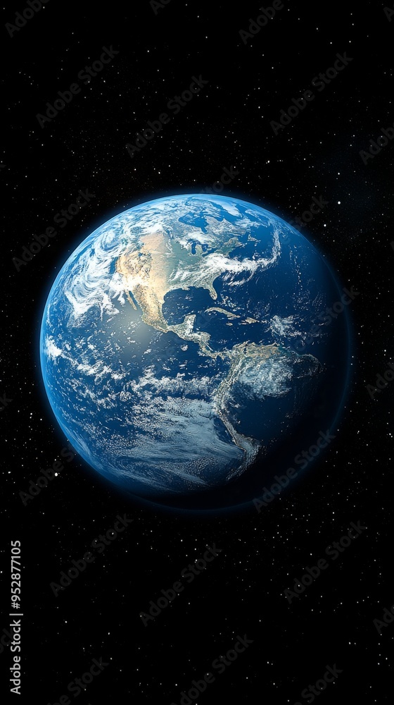 Fototapeta premium View of Earth from space, highlighting continents, oceans, and cloud formations against a backdrop of stars