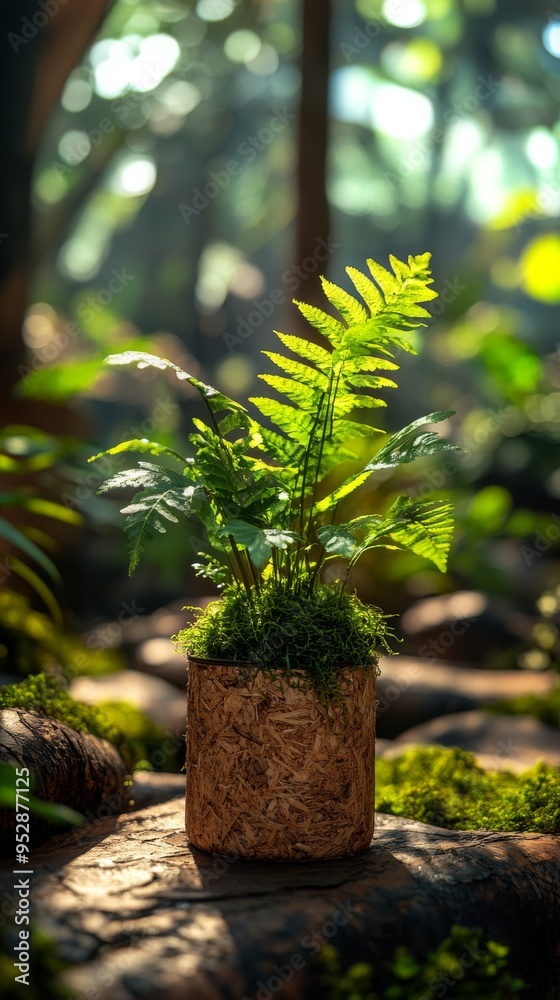 Small potted fern plant is placed on a tree stump in a lush, sunlit forest environment Small potted fern plant is placed on a tree stump in a lush, sunlit forest environment