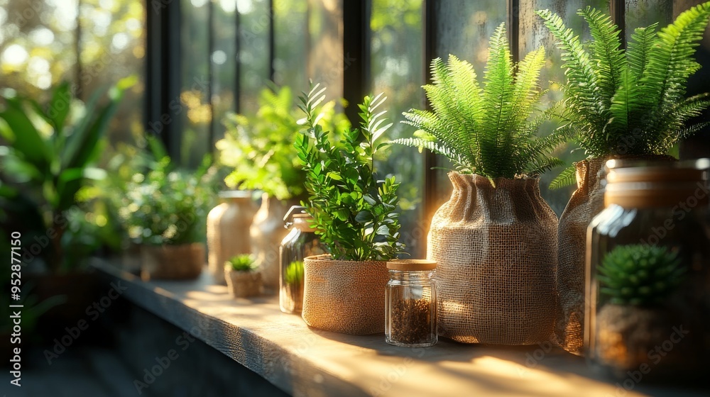 Image features an assortment of potted plants in various containers placed on a sunlit windowsill inside a greenhouse Image features an assortment of potted plants in various containers placed on a sunlit windowsill inside a greenhouse