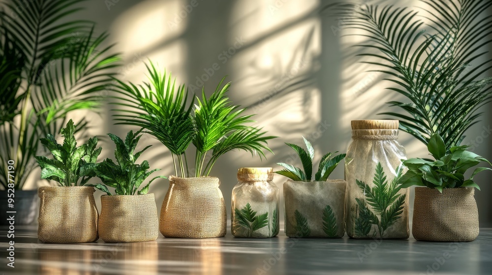 Fototapeta premium Image shows several potted plants in woven baskets arranged in a line, with sunlight streaming through the background