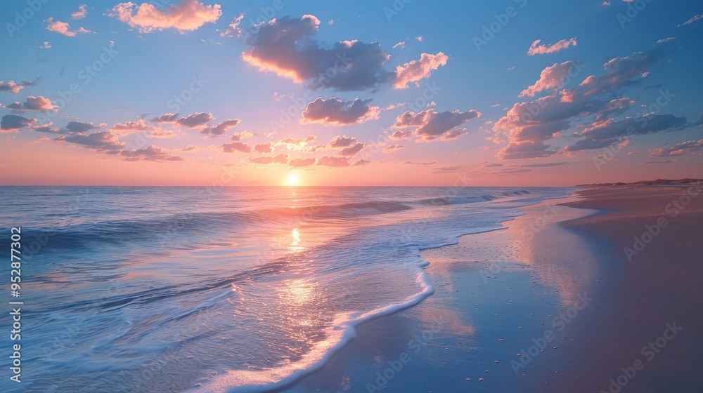 Serene beach at sunset, with gentle waves, pink clouds, and the sun reflecting on the water Serene beach at sunset, with gentle waves, pink clouds, and the sun reflecting on the water