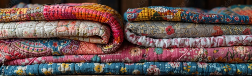 Several colorful quilts stacked on top of each other on a shelf, banner, copy space Several colorful quilts stacked on top of each other on a shelf, banner, copy space