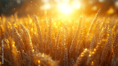 Sunlit wheat field with golden stalks bathed in warm light, capturing a peaceful and radiant scene