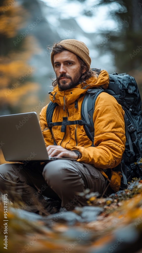 Man wearing a yellow jacket and brown beanie is using a laptop while seated outdoors in a forested area Man wearing a yellow jacket and brown beanie is using a laptop while seated outdoors in a forested area