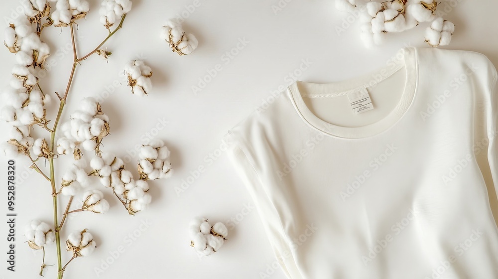 Natural organic cotton t-shirts and cotton plant flowers on white table. Eco clothes, fashion, sustainable lifestyle concept Natural organic cotton t-shirts and cotton plant flowers on white table. Eco clothes, fashion, sustainable lifestyle concept