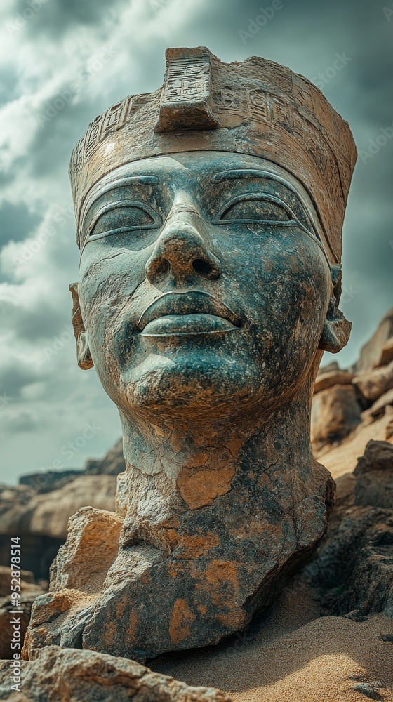 Obraz premium Weathered statue of an ancient figure's head with a detailed headdress, set against a dramatic sky background