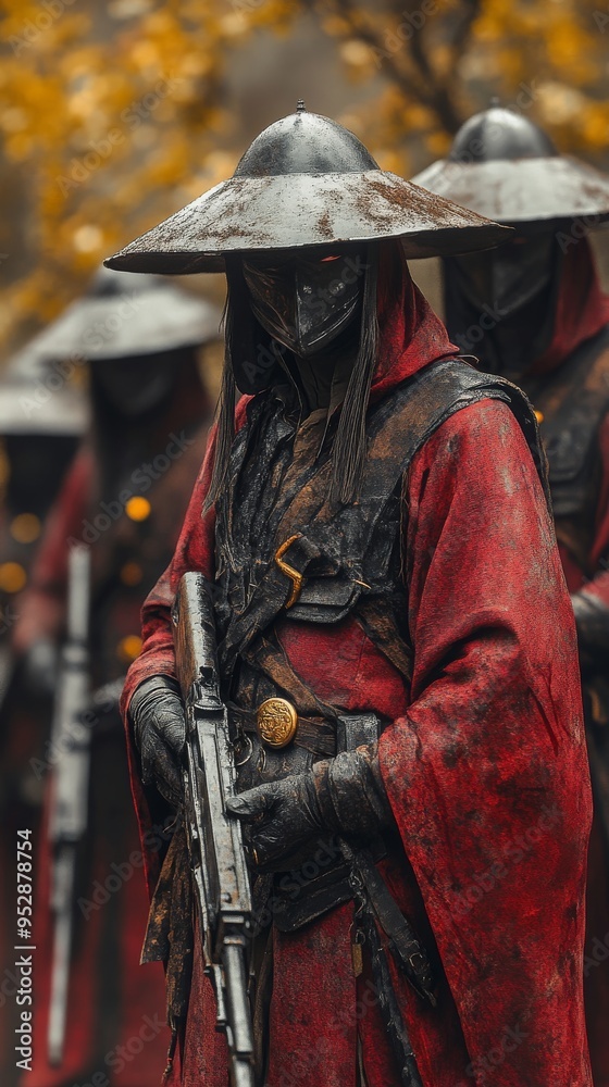 Φωτογραφία Group of armored warriors in red robes and wide-brimmed helmets, holding rifles,