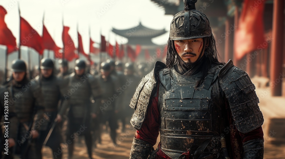 Stern warrior in ancient armor stands in front of a formation of soldiers with red flags, ready for battle Stern warrior in ancient armor stands in front of a formation of soldiers with red flags, ready for battle