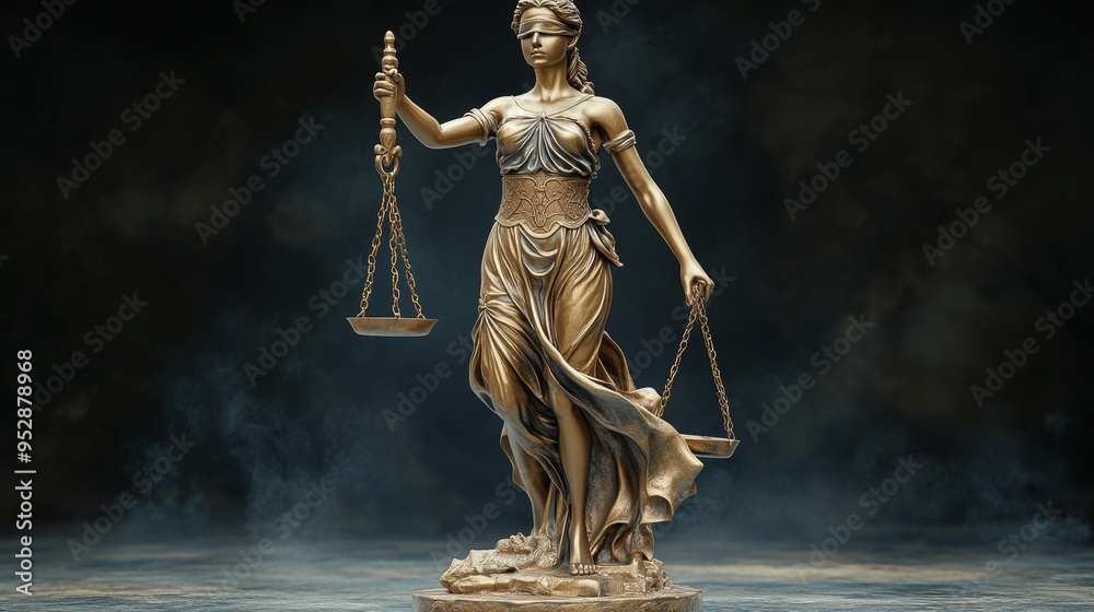Statue of Lady Justice, blindfolded, holding scales in her left hand and a sword in her right hand Statue of Lady Justice, blindfolded, holding scales in her left hand and a sword in her right hand