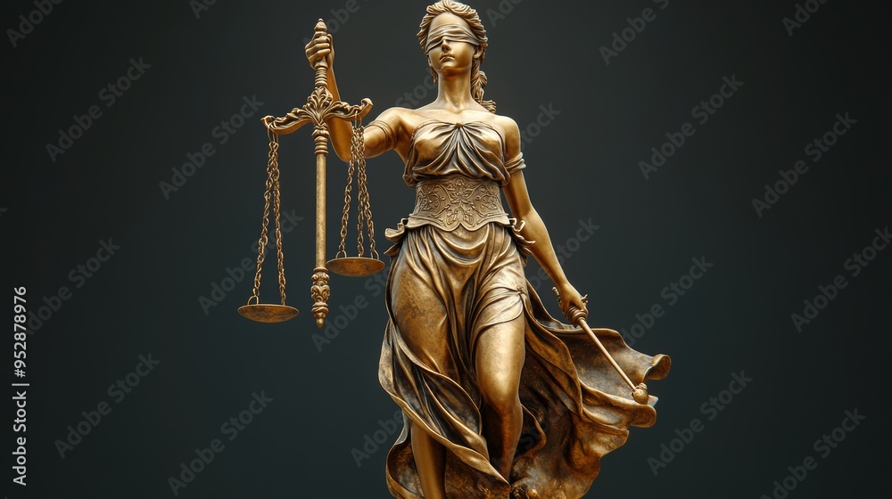 Bronze statue of Lady Justice holding scales in one hand and a sword in the other Bronze statue of Lady Justice holding scales in one hand and a sword in the other
