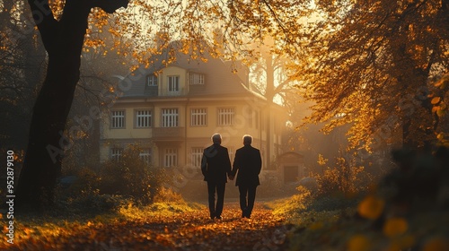 Two people walk towards a house through a tree-lined path, bathed in the warm glow of a golden sunset