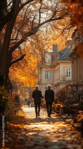 Wallpaper Mural Two individuals in suits walk along a tree-lined path with autumn foliage, adjacent to elegant houses bathed in warm sunlight Torontodigital.ca