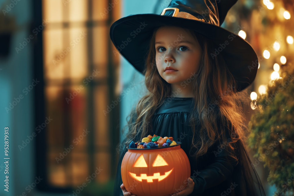 Portrait of a little girl dressed as a witch, holding a Halloween bucket while trick-or-treating at a decorated house on Halloween night. Space for text Portrait of a little girl dressed as a witch, holding a Halloween bucket while trick-or-treating at a decorated house on Halloween night. Space for text