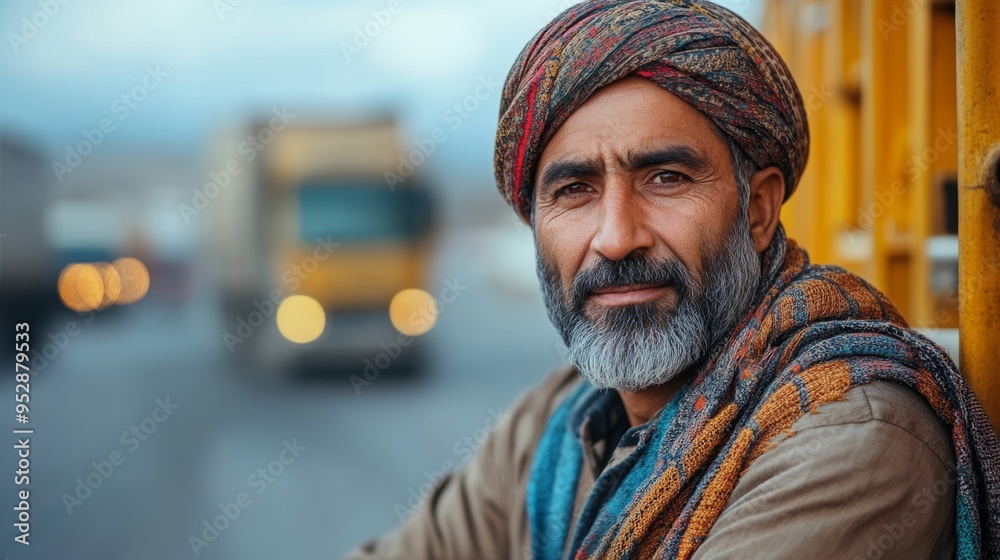 Bearded man with a colorful turban and scarf stands outdoors, with blurry traffic visible in the background Bearded man with a colorful turban and scarf stands outdoors, with blurry traffic visible in the background
