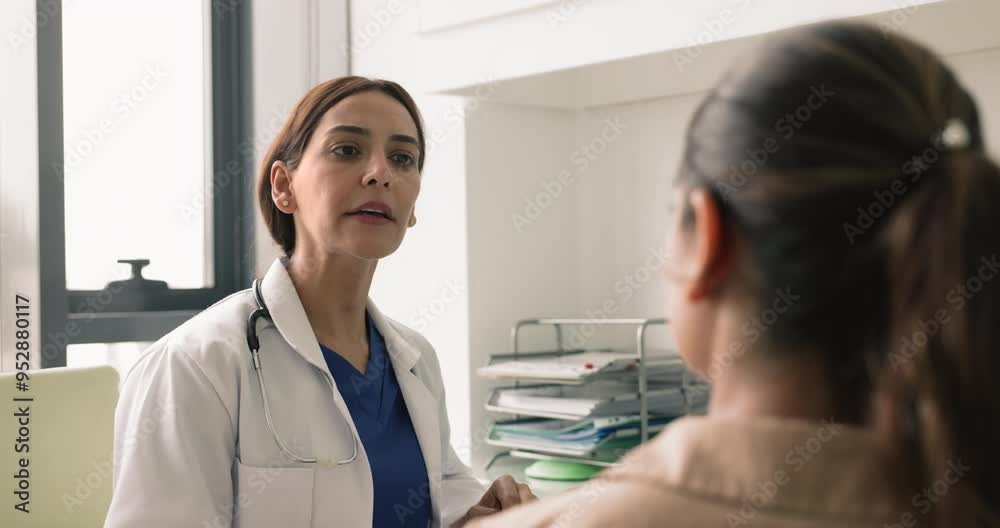Young attractive female therapist provides professional health advice and recommendation, treatment plan options to woman patient at her visit in hospital to get medical services. Insurance, medicare Young attractive female therapist provides professional health advice and recommendation, treatment plan options to woman patient at her visit in hospital to get medical services. Insurance, medicare