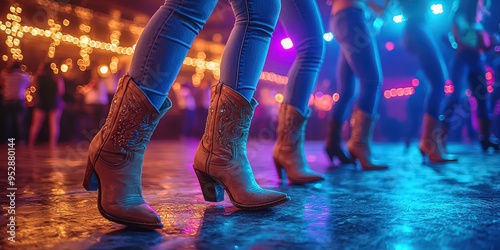 Obraz na płótnie Close-up of women wearing jeans and cowboy boots dancing at a country bar, night scene. A girl with blue jeans and high heels is standing in line to dance on stage. w salonie