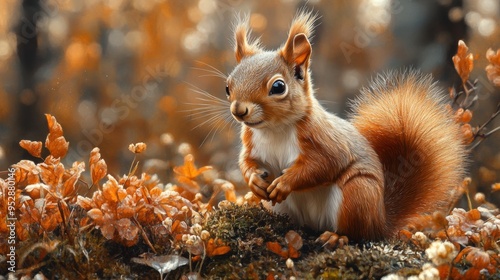 Small, adorable squirrel with bushy tail is sitting amidst autumn foliage, surrounded by vibrant orange and brown leaves