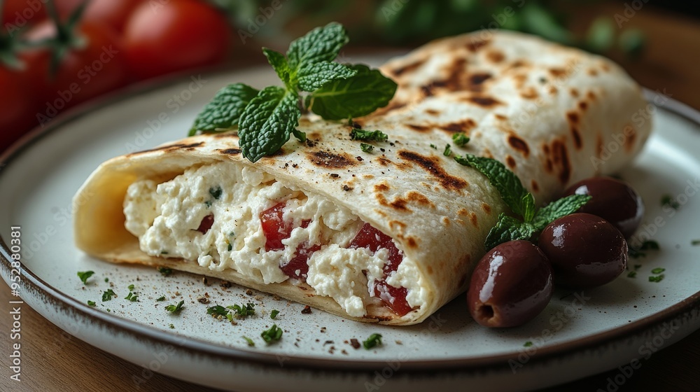 Delicious wrap filled with creamy cheese and tomatoes is garnished with mint leaves, accompanied by olives on a plate Delicious wrap filled with creamy cheese and tomatoes is garnished with mint leaves, accompanied by olives on a plate