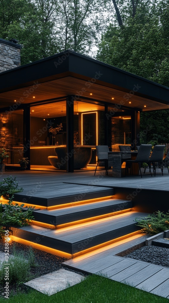 Modern outdoor space features a stylishly lit deck with steps, a dining area, and large windows revealing a sophisticated interior Modern outdoor space features a stylishly lit deck with steps, a dining area, and large windows revealing a sophisticated interior