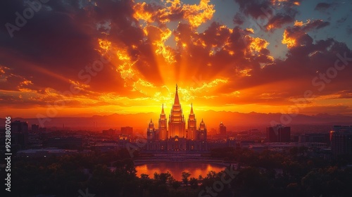 Grand temple stands silhouetted against a vibrant sunset sky, with golden rays illuminating the clouds and reflecting on a nearby lake