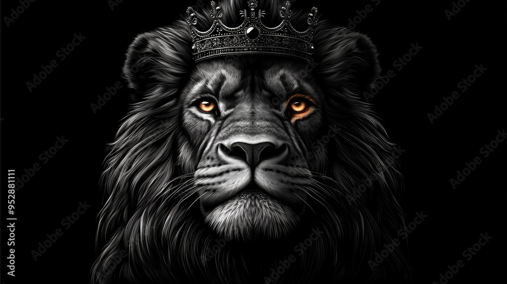 Majestic lion with a piercing gaze, wearing a detailed crown against a solid black background Majestic lion with a piercing gaze, wearing a detailed crown against a solid black background