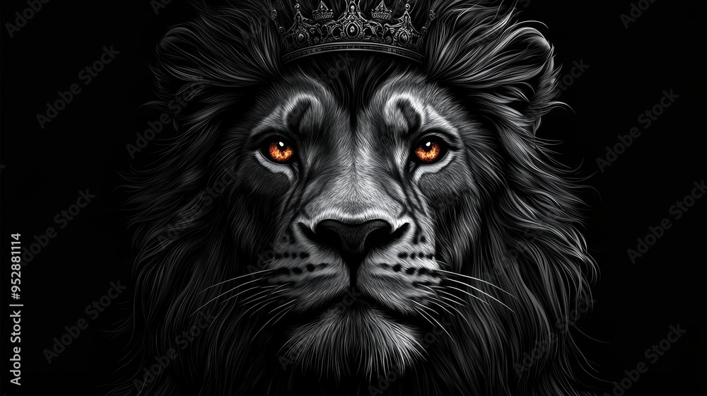 Majestic lion with intense orange eyes is crowned, portrayed in a detailed, monochromatic style on a black background Majestic lion with intense orange eyes is crowned, portrayed in a detailed, monochromatic style on a black background