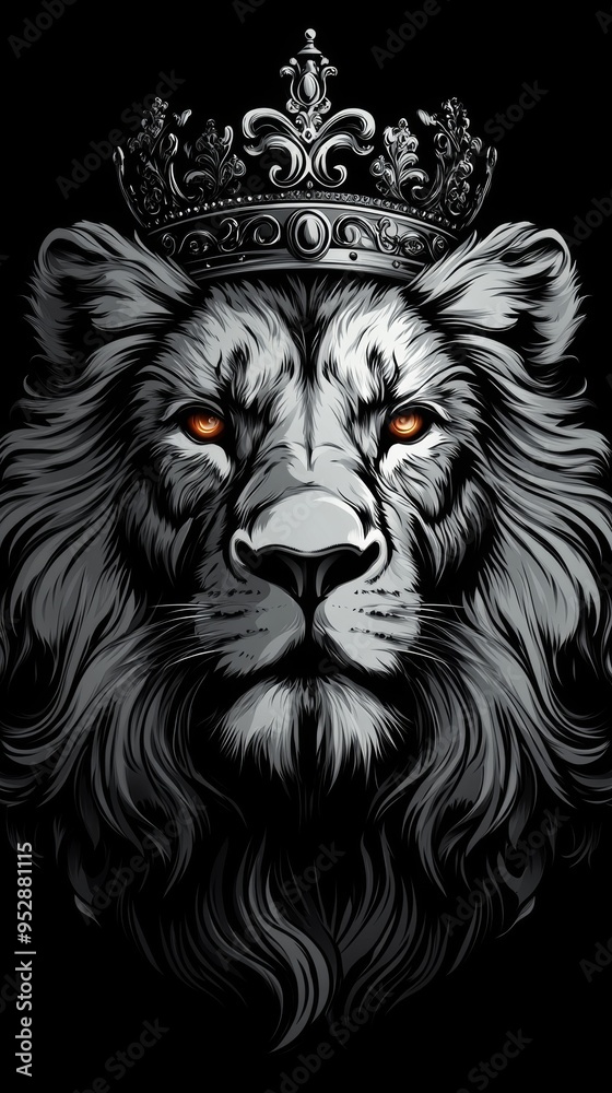 Majestic lion with intense eyes, adorned with an ornate crown, set against a dark background Majestic lion with intense eyes, adorned with an ornate crown, set against a dark background