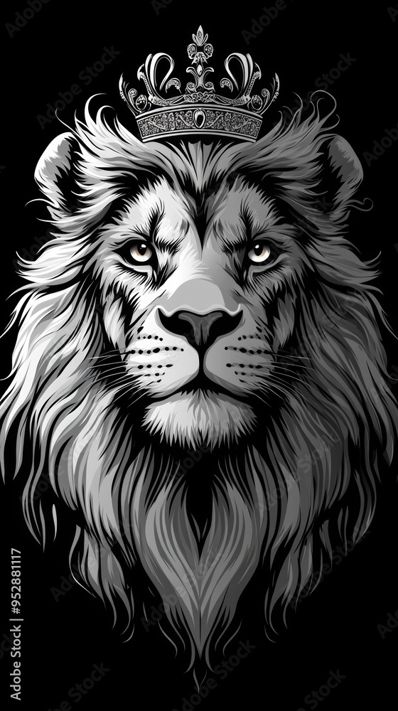Detailed, grayscale illustration of a lion with a crown on its head against a black background Detailed, grayscale illustration of a lion with a crown on its head against a black background