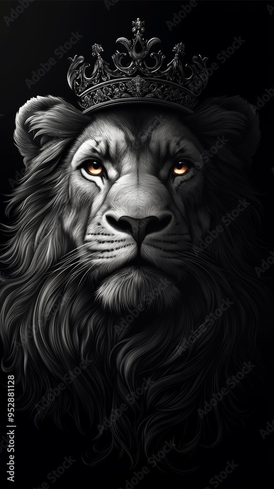 Obraz premium Detailed, monochrome illustration of a lion's head wearing an ornate crown, set against a dark background
