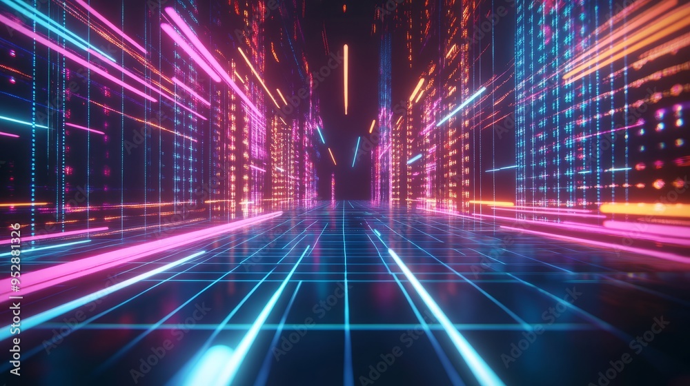 A high-resolution digital landscape featuring a vibrant neon grid with bright colors and dynamic light streaks, perfect for futuristic and tech themes.