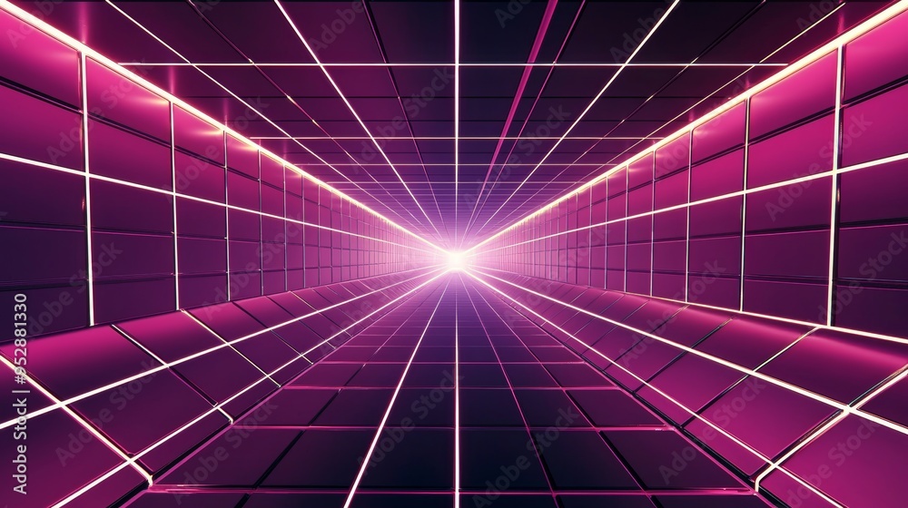 Futuristic tunnel with glowing grids is leading to a bright light at ...
