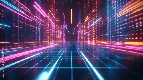 A high-resolution digital landscape featuring a vibrant neon grid with bright colors and dynamic light streaks, perfect for futuristic and tech themes.