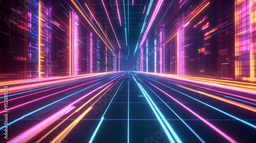 A high-resolution digital landscape featuring a vibrant neon grid with bright colors and dynamic light streaks, perfect for futuristic and tech themes.