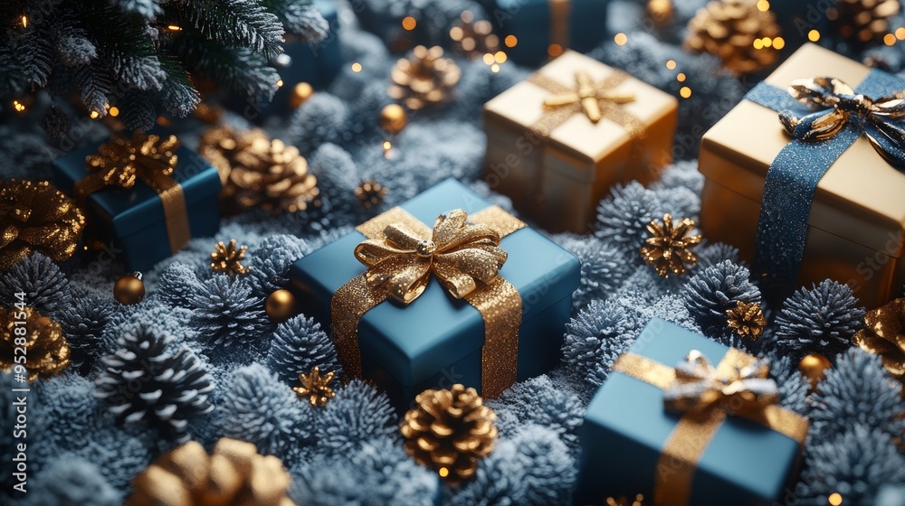 Image shows beautifully wrapped gifts with gold bows, surrounded by frosted pinecones and festive lights, creating a holiday scene Image shows beautifully wrapped gifts with gold bows, surrounded by frosted pinecones and festive lights, creating a holiday scene