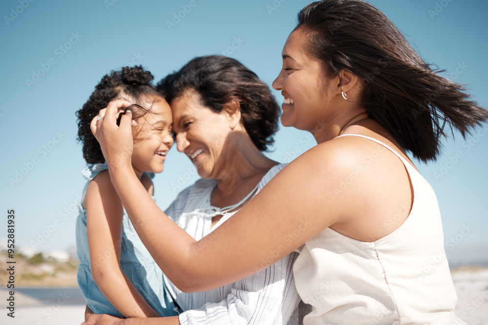Outdoor, grandma and mom with child, beach and old woman with granddaughter, bonding and break. Happy, girl and generations on vacation, sea and relax in holiday, travel or love of family in Portugal Outdoor, grandma and mom with child, beach and old woman with granddaughter, bonding and break. Happy, girl and generations on vacation, sea and relax in holiday, travel or love of family in Portugal