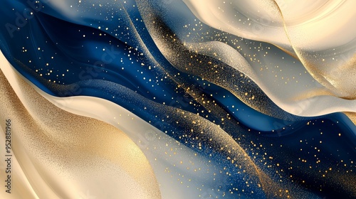 Abstract luxury background with golden particles flowing on blue and beige waves, creating a sense of elegance and sophistication