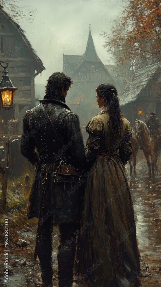 Couple dressed in historical attire stands on a cobblestone street, facing old buildings with a horse in the background Couple dressed in historical attire stands on a cobblestone street, facing old buildings with a horse in the background