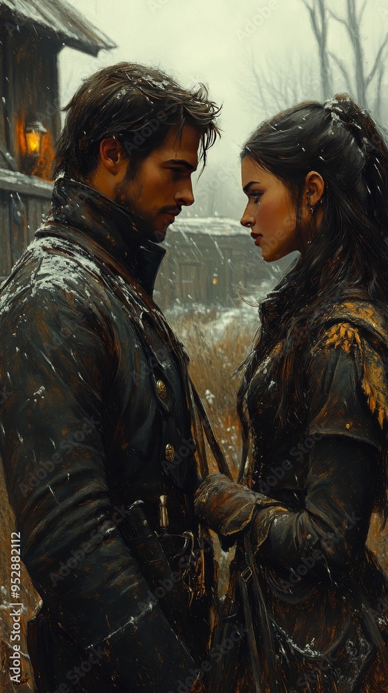 Man and a woman stand closely, gazing at each other, with snow-dusted clothes in a rustic, wintery setting Man and a woman stand closely, gazing at each other, with snow-dusted clothes in a rustic, wintery setting
