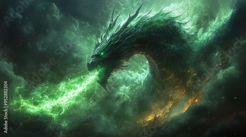 Massive, glowing green dragon breathes fiery green energy amidst a stormy, darkened sky with swirling clouds and ominous ambiance