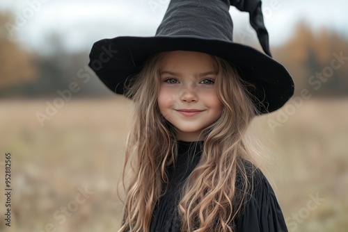 Young girl in a black witch costume standing in a grassy field with a soft smile.