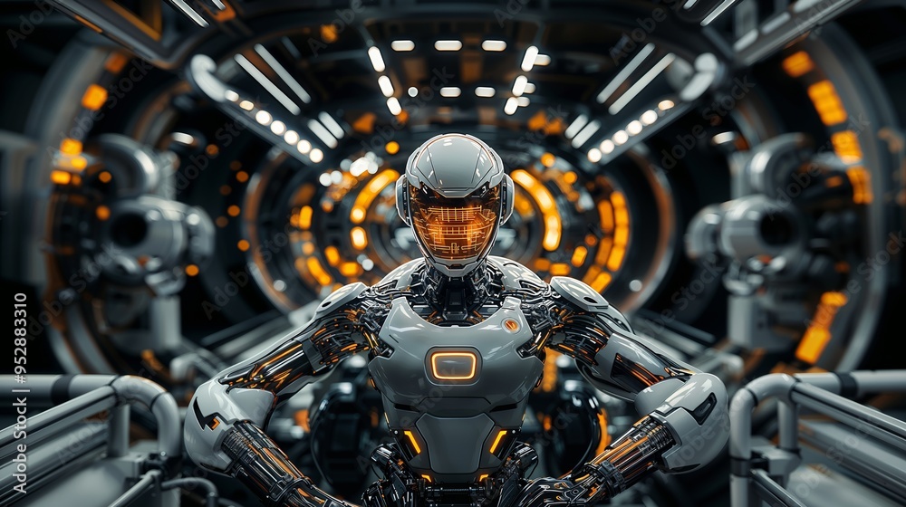 Futuristic Robot in Sci-Fi Space Station With Neon Lights Futuristic Robot in Sci-Fi Space Station With Neon Lights