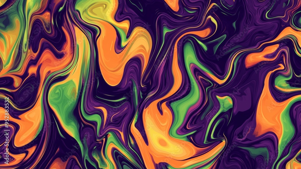 Vibrant purple, orange, and green swirls in an abstract alcohol ink painting, perfect for trendy projects. Bold, energetic, and stylish